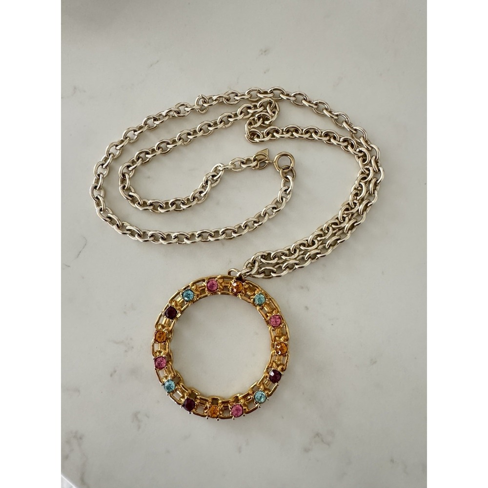 Vintage Signed Sarah Coventry Piccadilly Rhinestone Circle Pendant Long Necklace